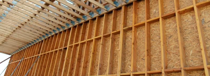 Mur d'un bâtiment d'activités en ossature de douglas en section 45x145 Mur d'un bâtiment d'activités en ossature de douglas en section 45x145