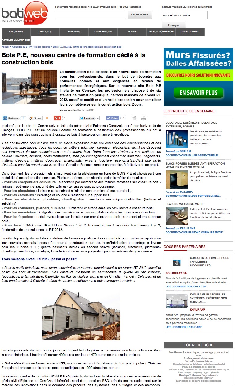 Batiweb : Bois P.E, nouveau centre de formation dédié à la construction bois Batiweb : Bois P.E, nouveau centre de formation dédié à la construction bois