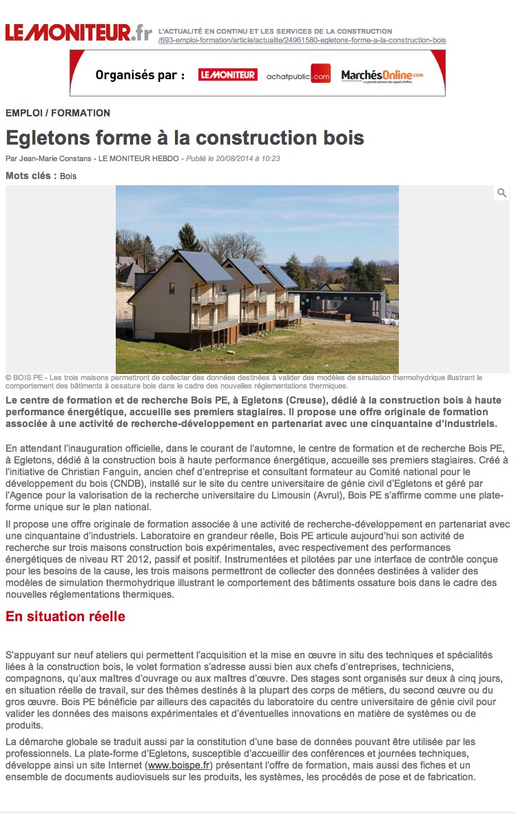 Le Moniteur : Egletons forme à la construction bois Le Moniteur : Egletons forme à la construction bois