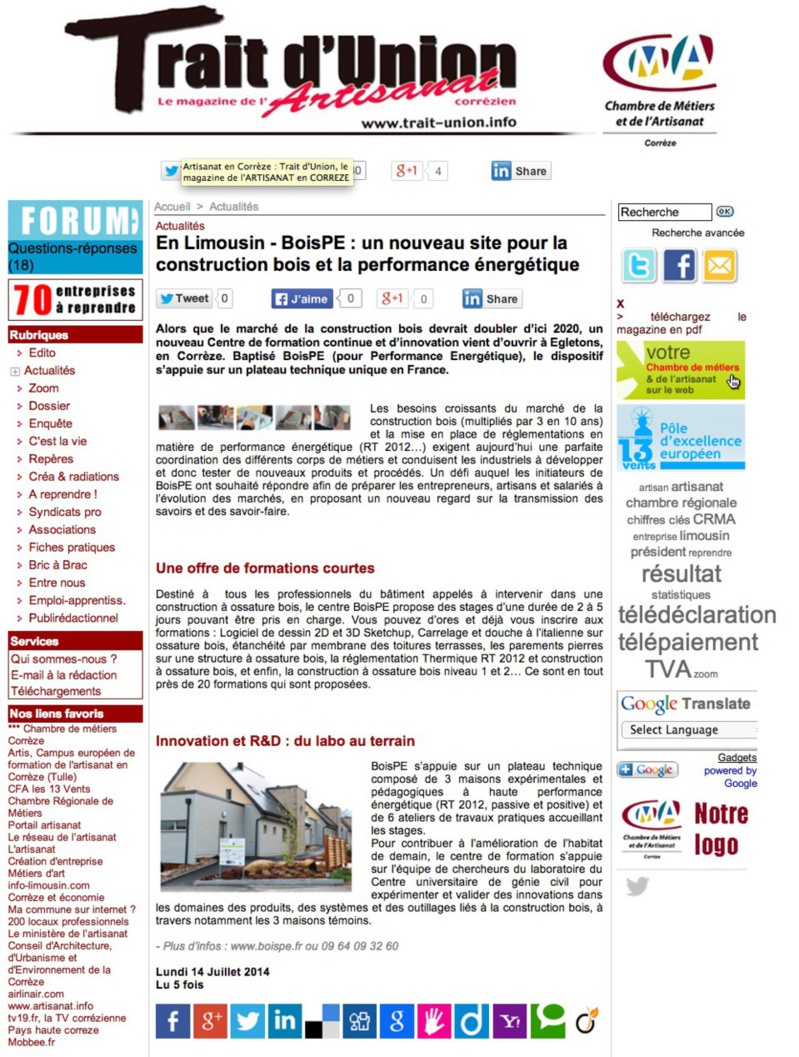 Trait d'Union de l'artisanat : En Limousin - BoisPE : un nouveau site pour la construction bois et la performance énergétique Trait d'Union de l'artisanat : En Limousin - BoisPE : un nouveau site pour la construction bois et la performance énergétique