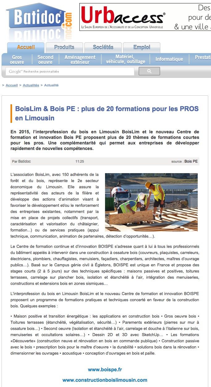 BATIDOC > BoisLim & Bois PE : plus de 20 formations pour les PROS en Limousin