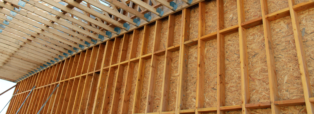 Mur d'un bâtiment d'activités en ossature de douglas en section 45x145 Mur d'un bâtiment d'activités en ossature de douglas en section 45x145