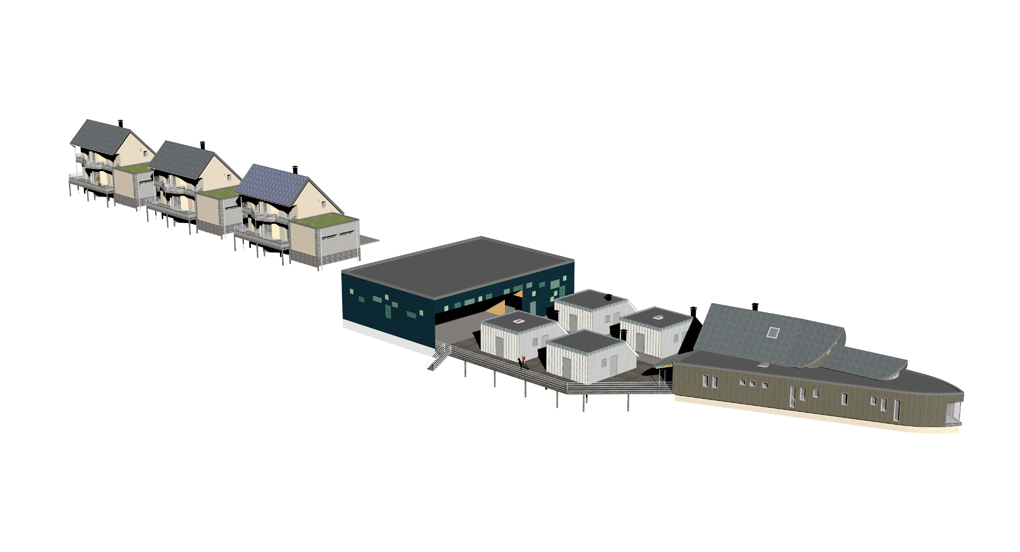 Trois maisons individuelles (RT2012-BEPAS-BEPOS), 2 ateliers gros œuvre bois, 4 ateliers second œuvre, un centre de documentation